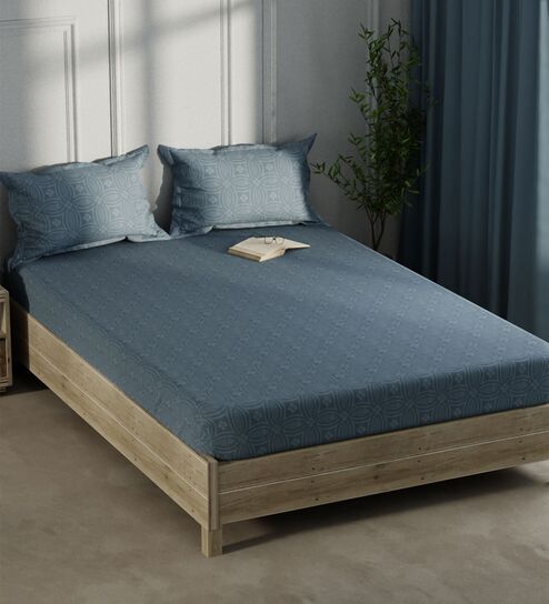 Monkler Blue 100% Cotton Abstract King Size Bedsheet with 2 Pillow Covers